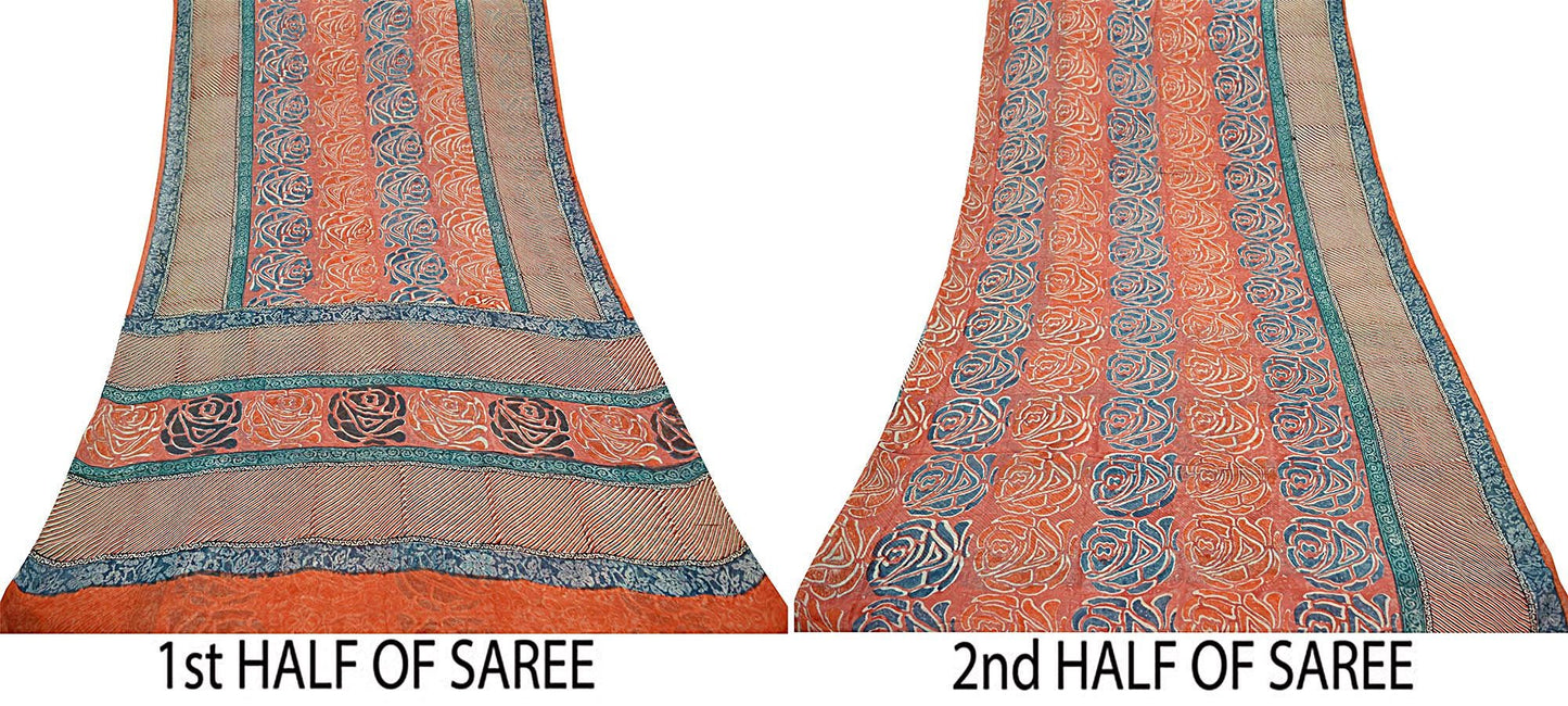 Indian Vintage Sari Orange Pure Georgette Silk Printed Sarees 5Yd Craft Fabric Sewing Light Weight Sari Quilting Dress making Crafting