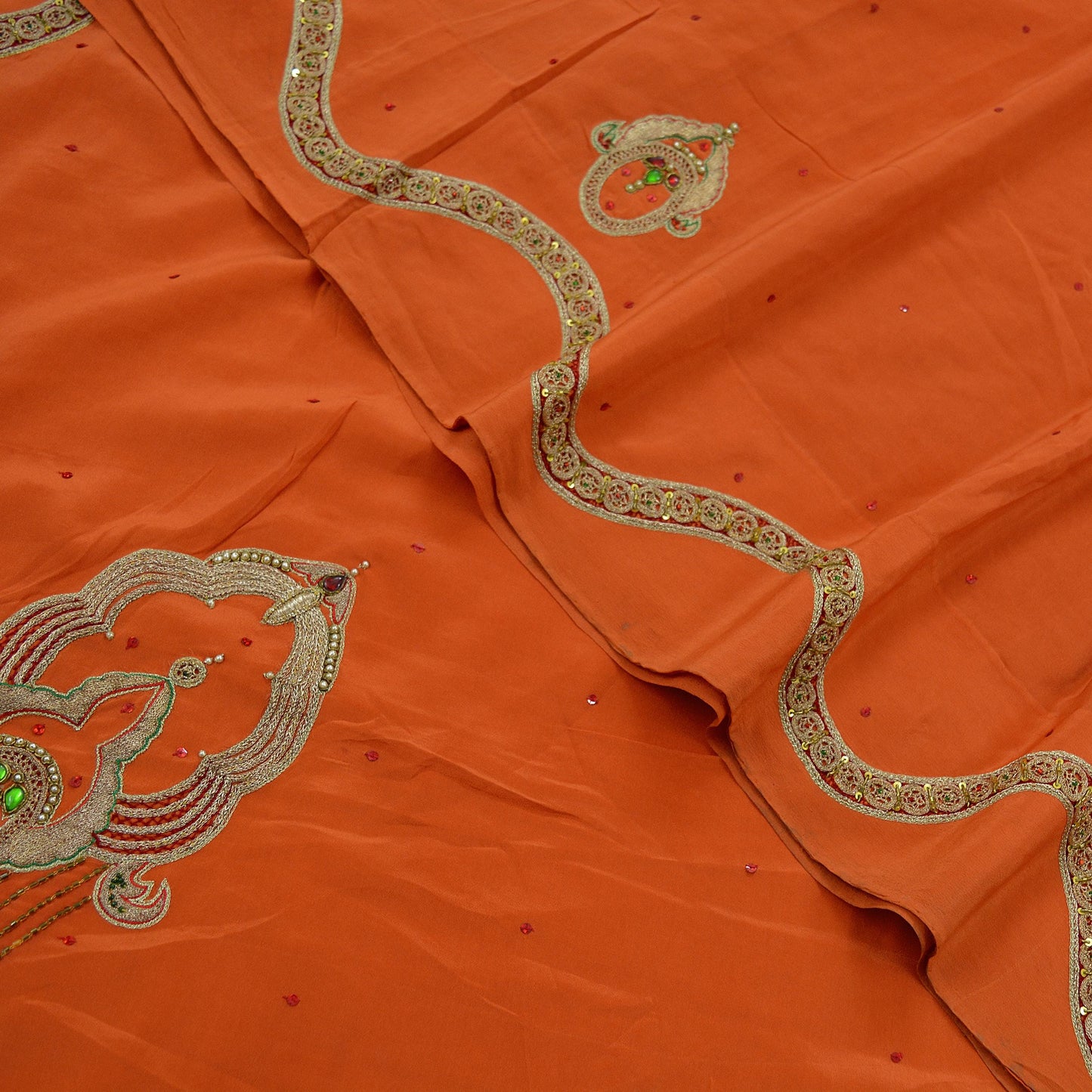 Indian Vintage Heavy Sarees Orange Pure Crepe Silk Hand Embroidered Sari Craft Fabric 5Yd Sewing Zardozi/Dabka Dress making Wedding Sari