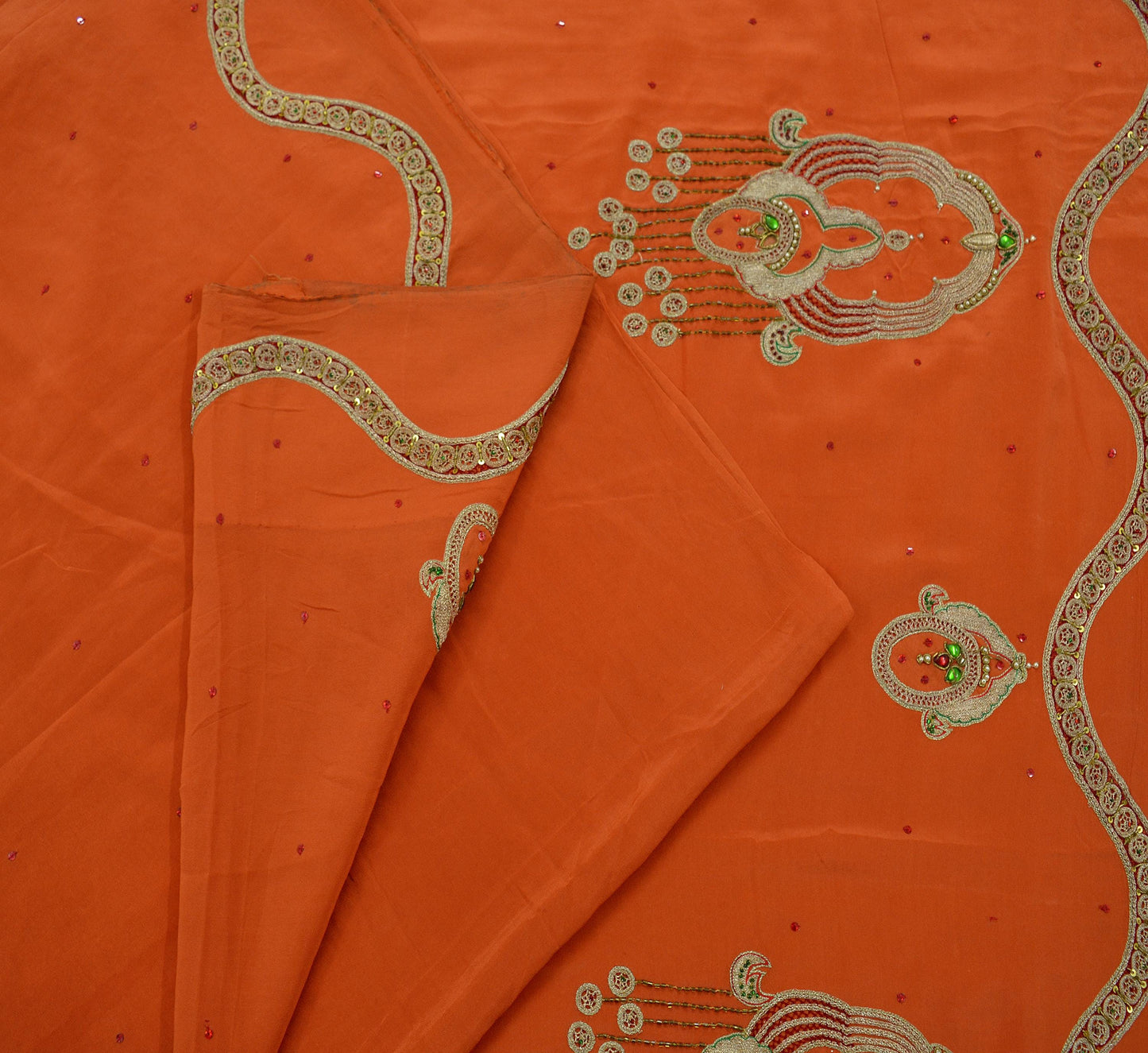 Indian Vintage Heavy Sarees Orange Pure Crepe Silk Hand Embroidered Sari Craft Fabric 5Yd Sewing Zardozi/Dabka Dress making Wedding Sari