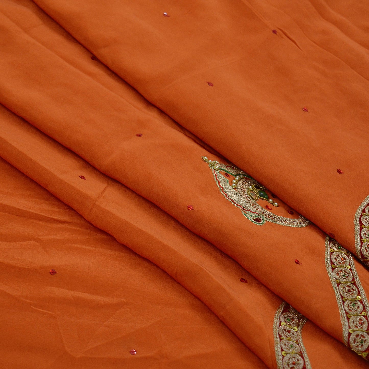 Indian Vintage Heavy Sarees Orange Pure Crepe Silk Hand Embroidered Sari Craft Fabric 5Yd Sewing Zardozi/Dabka Dress making Wedding Sari