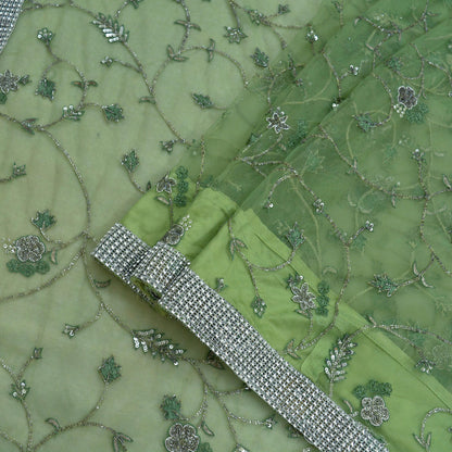 Indian Vintage Heavy Saree Green Net/Mesh Hand Embroidered Sari Fabric 5Yd Sewing Soft Zardozi/Dabka Zari Sequins