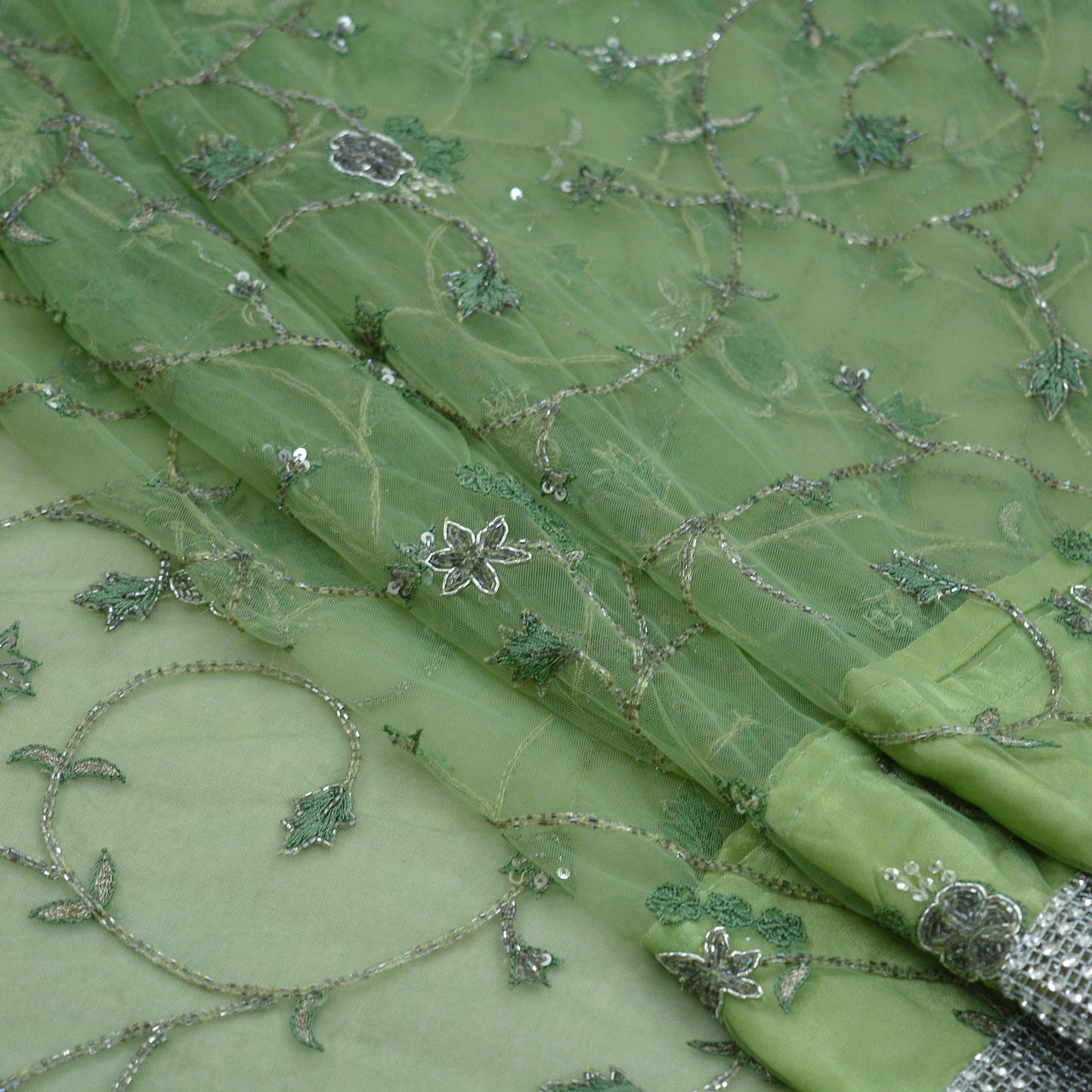 Indian Vintage Heavy Saree Green Net/Mesh Hand Embroidered Sari Fabric 5Yd Sewing Soft Zardozi/Dabka Zari Sequins