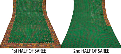 Indian Vintage Green Saree Hand Embroidered Bandhani Printed Sari Crepe Sari Fabric 5yd Soft Craft Fabric Beaded Dress making Wedding Sarees