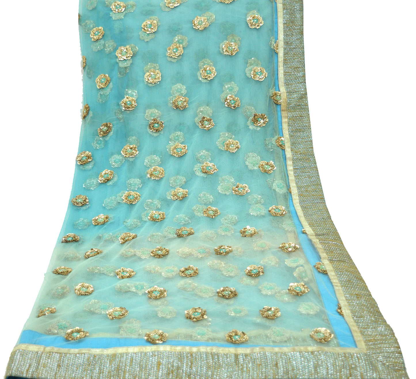 Indian Pre-owned Heavy Wedding Dupatta Blue & Green Net Mesh Long Stole Hand Embroidered sabyasachi Scarves Zardozi Dabka Zari Bridal Veil