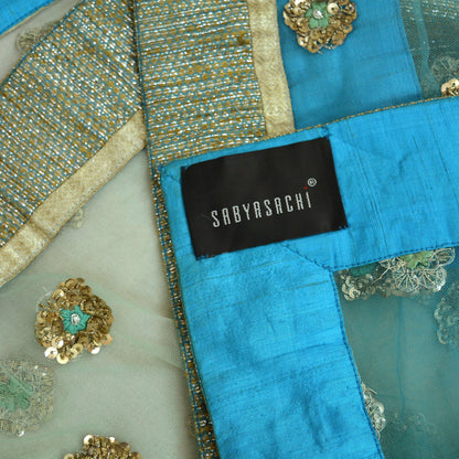 Indian Pre-owned Heavy Wedding Dupatta Blue & Green Net Mesh Long Stole Hand Embroidered sabyasachi Scarves Zardozi Dabka Zari Bridal Veil