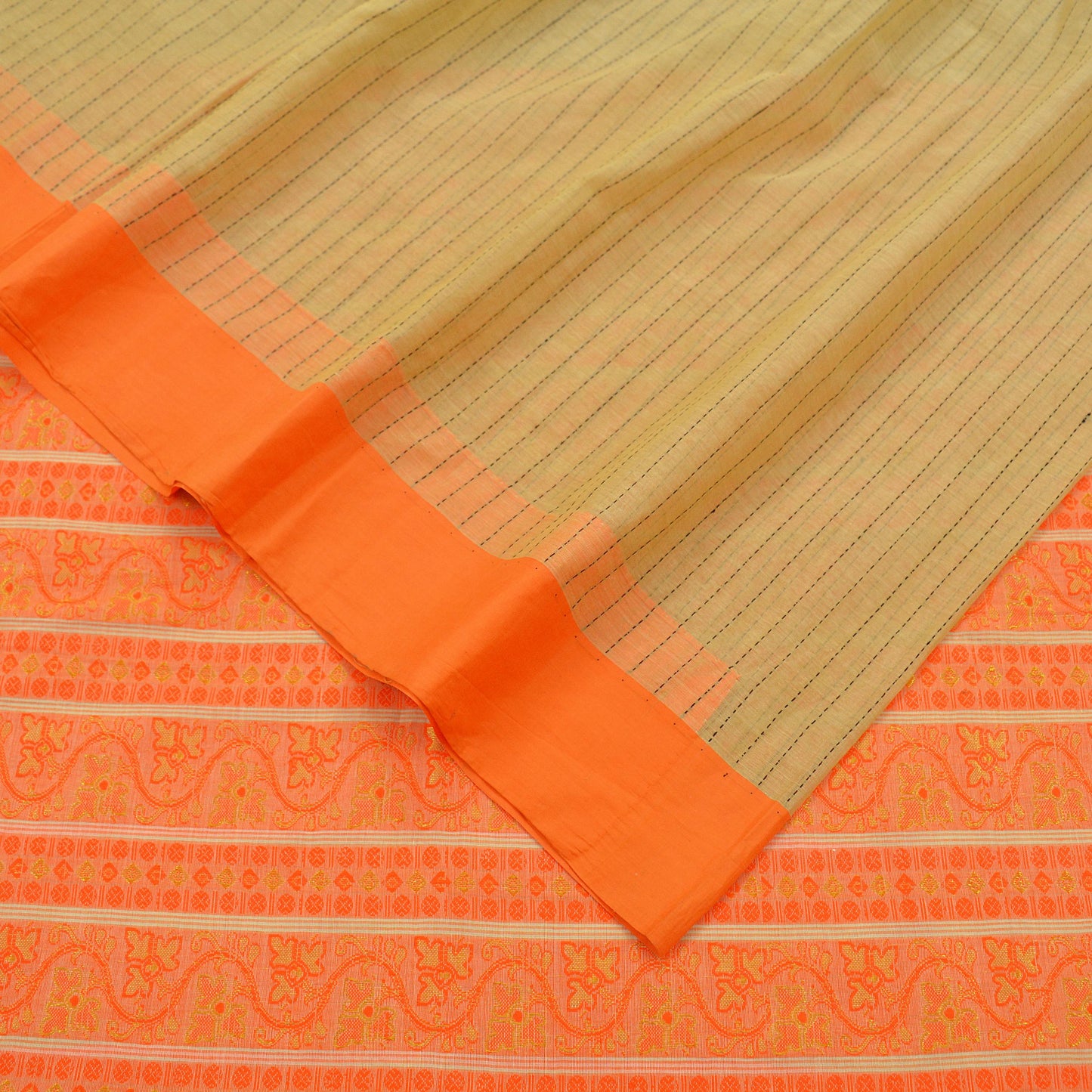 Vintage Sari Beige Pure Cotton Hand Woven Sarees Golden Zari 5Yd Craft Fabric Floral Golden Zari Dress making Crafting Quilting Upcycle