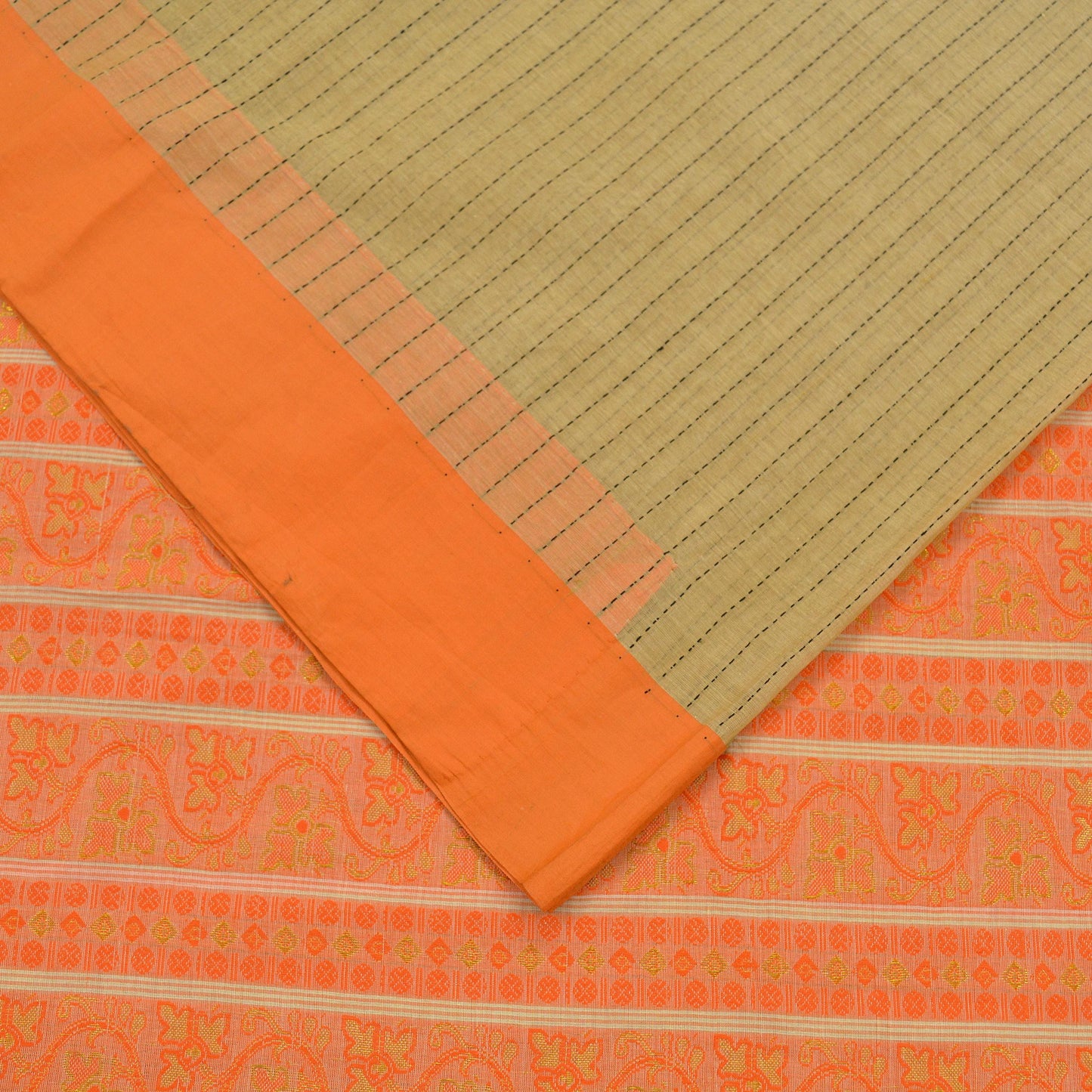 Vintage Sari Beige Pure Cotton Hand Woven Sarees Golden Zari 5Yd Craft Fabric Floral Golden Zari Dress making Crafting Quilting Upcycle