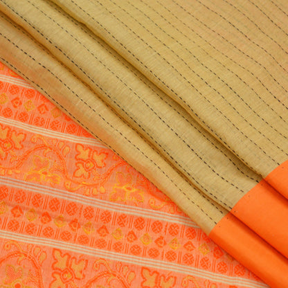 Vintage Sari Beige Pure Cotton Hand Woven Sarees Golden Zari 5Yd Craft Fabric Floral Golden Zari Dress making Crafting Quilting Upcycle