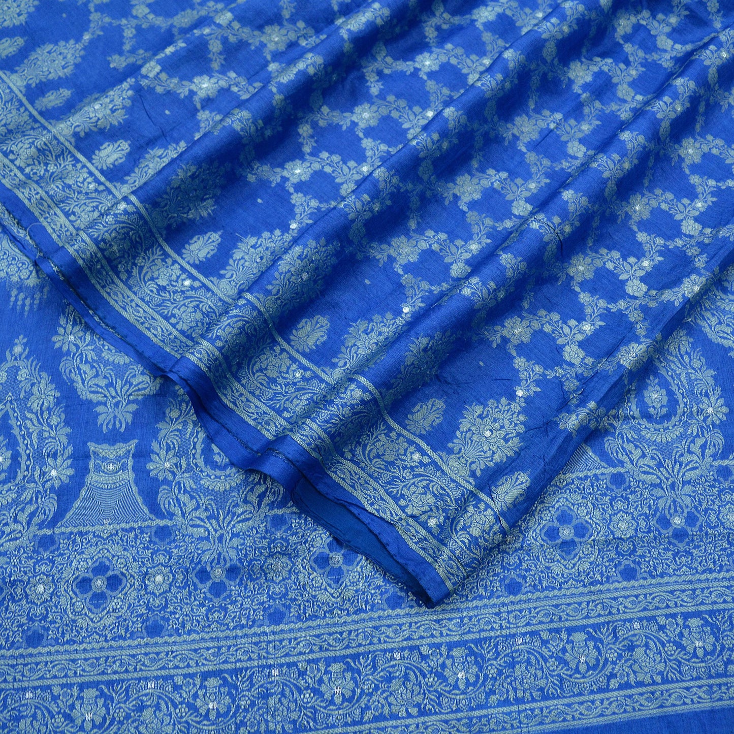 Indian Vintage Blue Sarees Pure Tussar Silk Hand Woven Sari Craft Fabric 5Yd Sewing Ethnic Dress making Upcycle Crafting Quilting