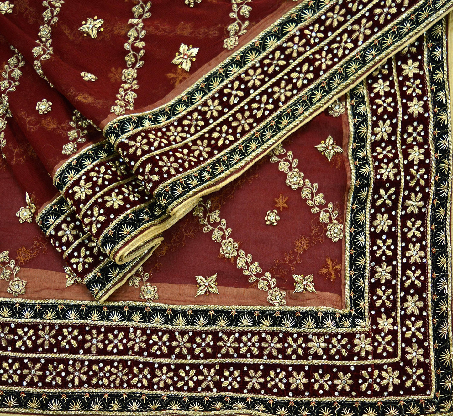 Indian Vintage Heavy Maroon Dupatta Pure Chiffon Silk Long Stole Hand Embroidered Scarf Zardozi/Dabka Zari Sequins Bridal Veil