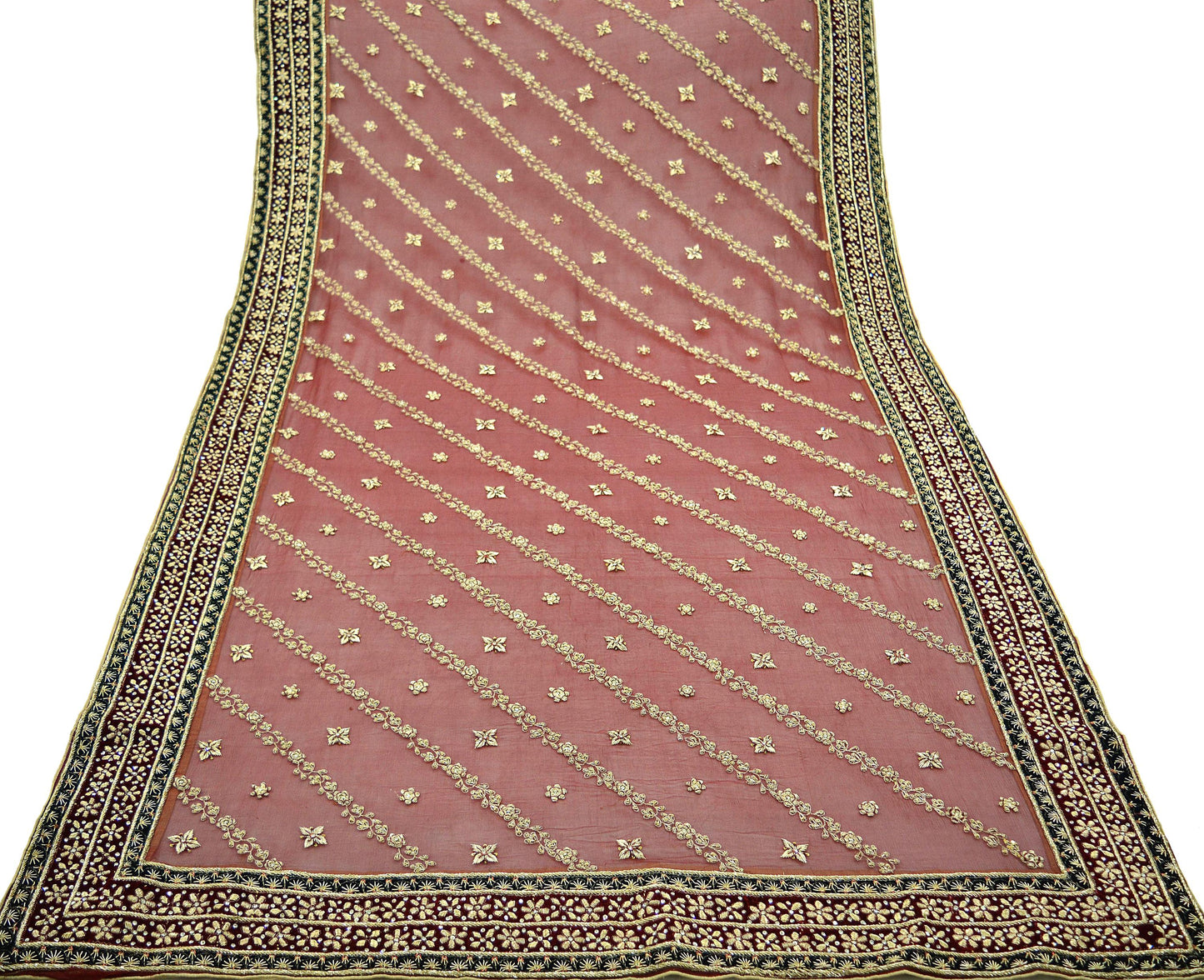 Indian Vintage Heavy Maroon Dupatta Pure Chiffon Silk Long Stole Hand Embroidered Scarf Zardozi/Dabka Zari Sequins Bridal Veil