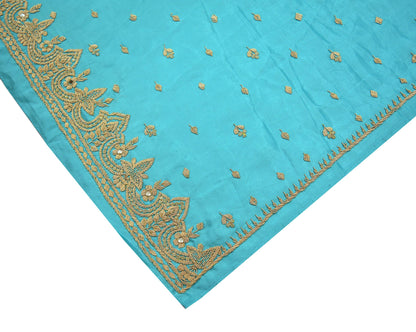 Indian Vintage Heavy Wedding Blue Dupatta Pure Satin Silk Long Stole Hand Embroidered Scarves Golden Zardozi Bridal Veil Hijab