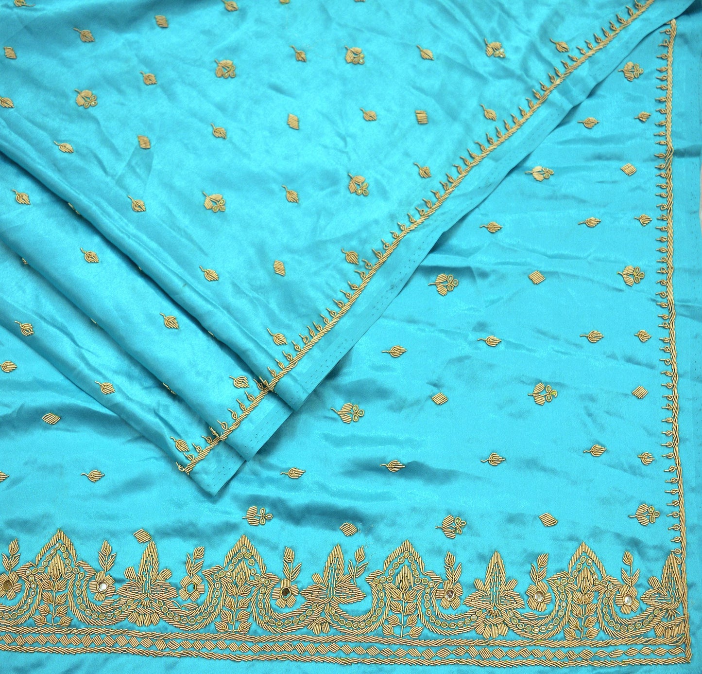 Indian Vintage Heavy Wedding Blue Dupatta Pure Satin Silk Long Stole Hand Embroidered Scarves Golden Zardozi Bridal Veil Hijab