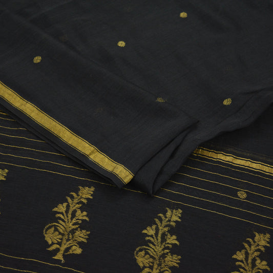 Indian Vintage Black Dupatta Long Stole Block Print Pure Chanderi Silk Scarves Veil Zari