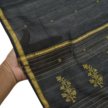 Indian Vintage Black Dupatta Long Stole Block Print Pure Chanderi Silk Scarves Veil Zari