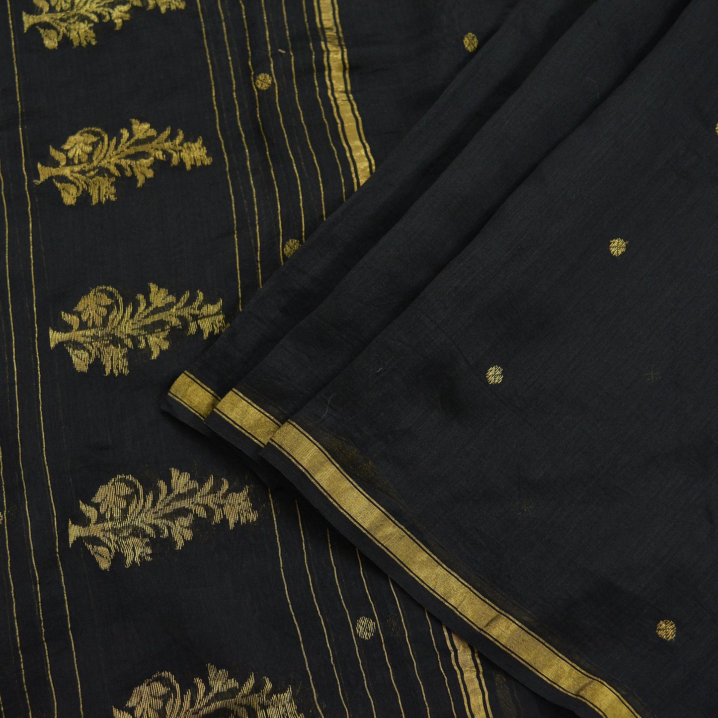 Indian Vintage Black Dupatta Long Stole Block Print Pure Chanderi Silk Scarves Veil Zari