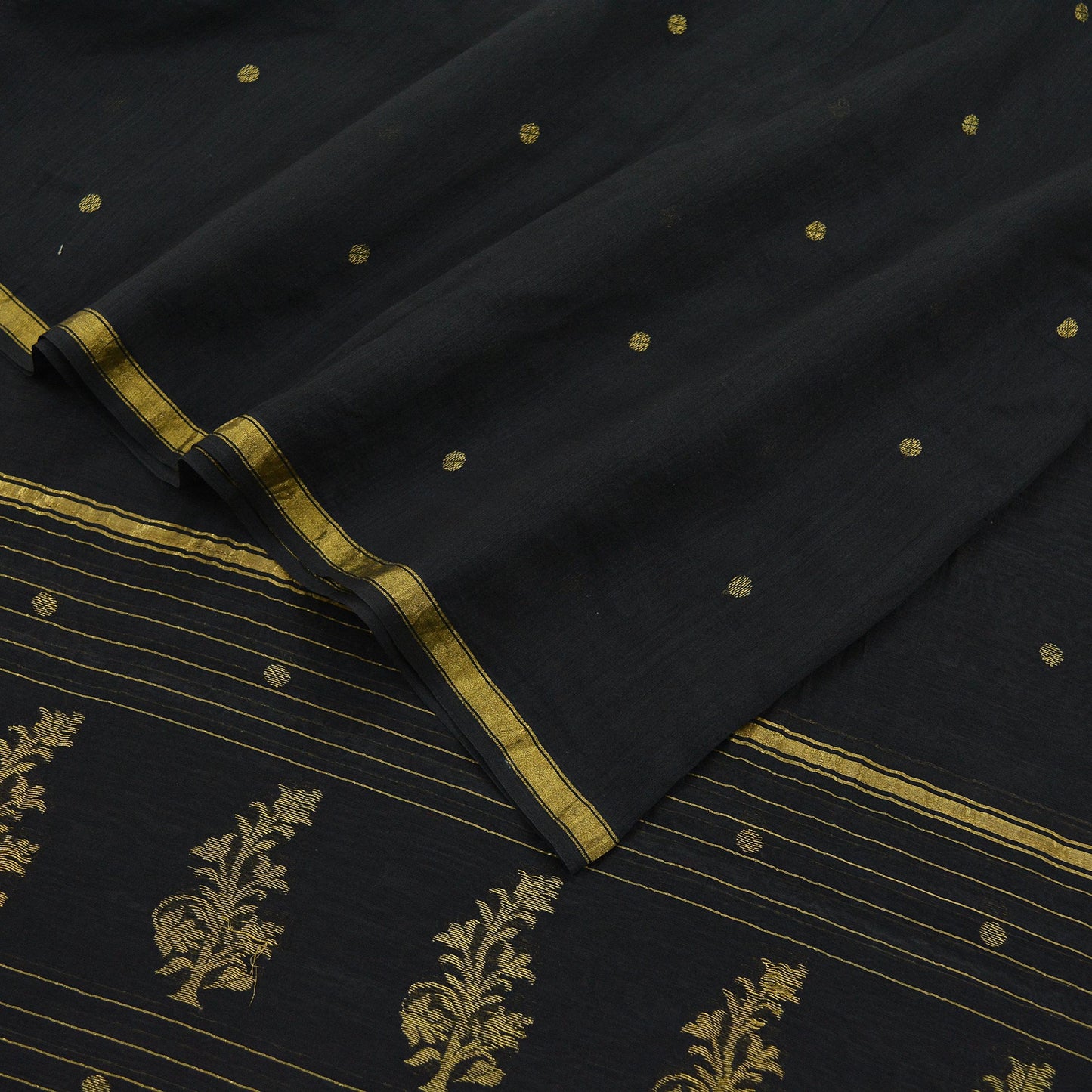 Indian Vintage Black Dupatta Long Stole Block Print Pure Chanderi Silk Scarves Veil Zari