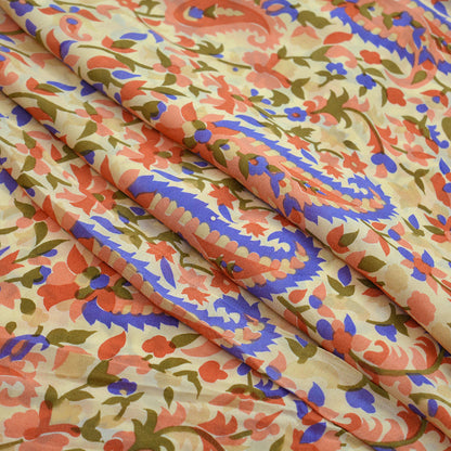 Indian Vintage Sari Beige Pure Crepe Silk Printed Sarees 5yd Sewing Floral Soft Craft Fabric Wrap Dress making Upcycle Crafting Quilting