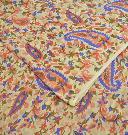 Indian Vintage Sari Beige Pure Crepe Silk Printed Sarees 5yd Sewing Floral Soft Craft Fabric Wrap Dress making Upcycle Crafting Quilting