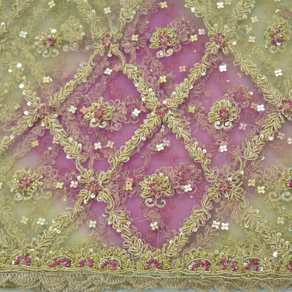 Indian Vintage Beige & Purple Dupatta Net Mesh Long Stole Hand Embroidered Scarves Golden Zardozi Zari Sequins Veil Hijab Scarf