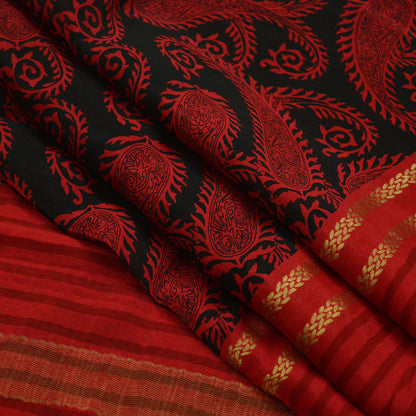 Indian Vintage Sari Red & Black Pure Crepe Silk Printed Sarees Craft Fabric 6yd Sewing Floral Soft Wrap Zari Border Dress making Upcycle