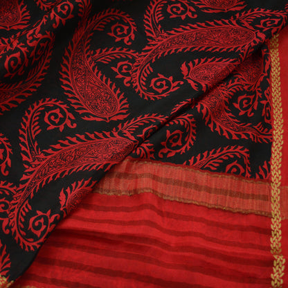 Indian Vintage Sari Red & Black Pure Crepe Silk Printed Sarees Craft Fabric 6yd Sewing Floral Soft Wrap Zari Border Dress making Upcycle