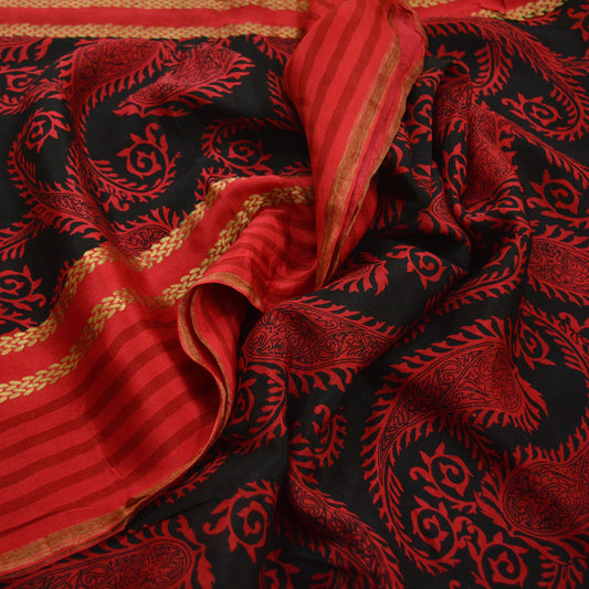 Indian Vintage Sari Red & Black Pure Crepe Silk Printed Sarees Craft Fabric 6yd Sewing Floral Soft Wrap Zari Border Dress making Upcycle