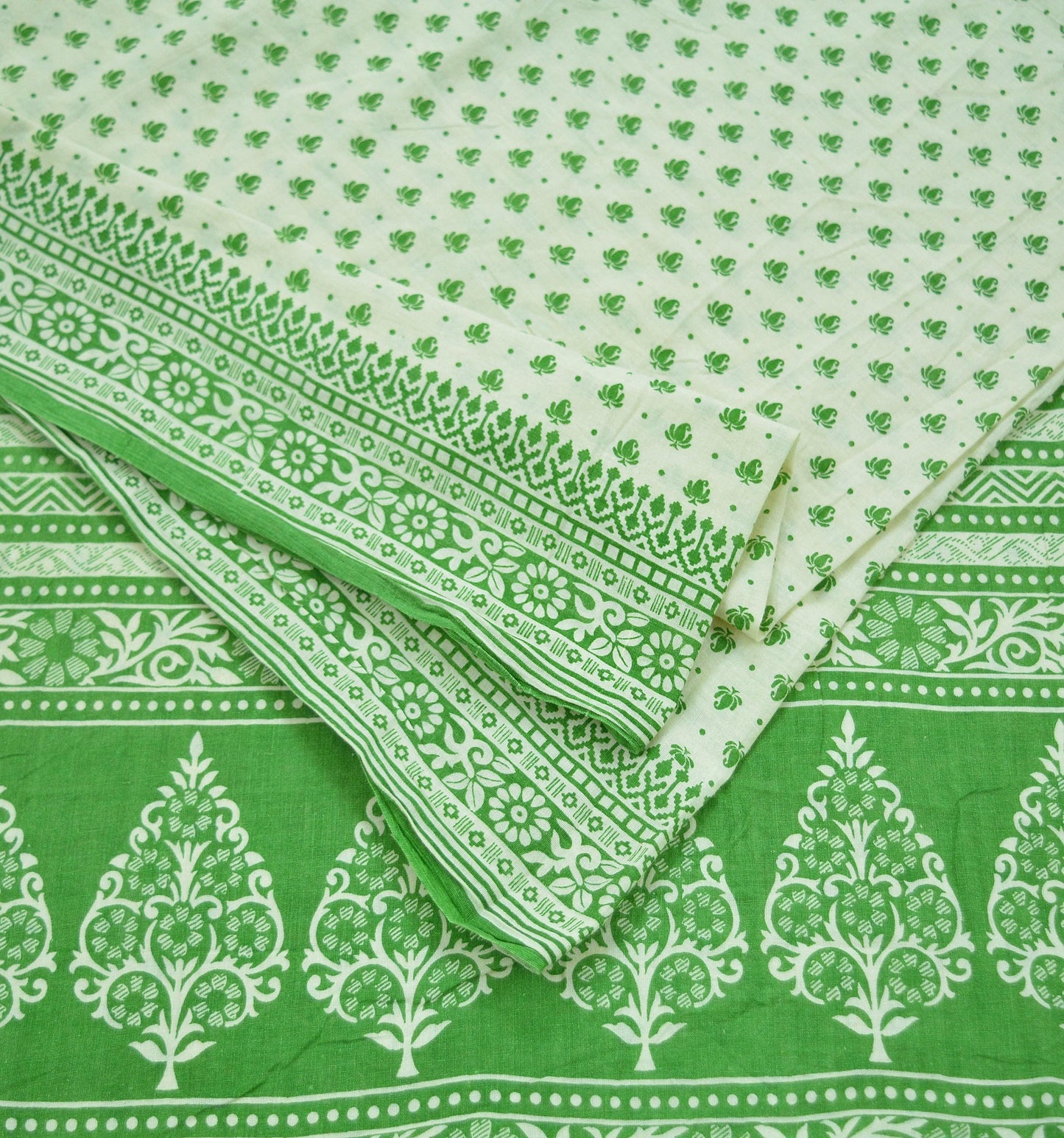 Indian Vintage Sari Green & Ivory Printed Pure Cotton Sarees 5Yd Craft Fabric Soft Sewing Sarong Wrap Boho Upcycle quilting Dress making