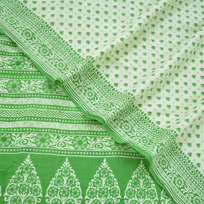 Indian Vintage Sari Green & Ivory Printed Pure Cotton Sarees 5Yd Craft Fabric Soft Sewing Sarong Wrap Boho Upcycle quilting Dress making