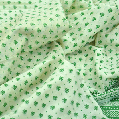 Indian Vintage Sari Green & Ivory Printed Pure Cotton Sarees 5Yd Craft Fabric Soft Sewing Sarong Wrap Boho Upcycle quilting Dress making