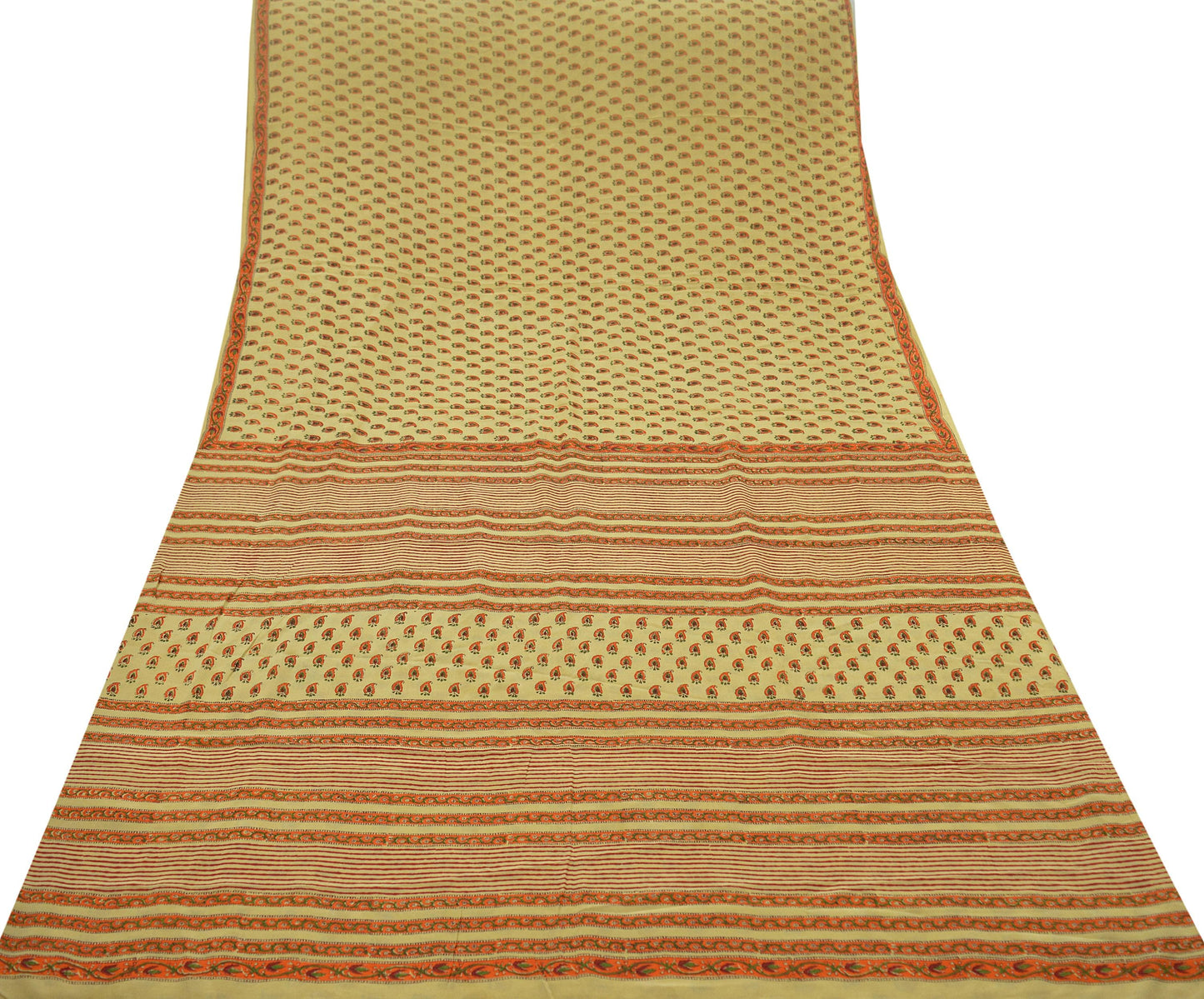 Indian Vintage Sari Beige Pure Crepe Silk Block Printed Sarees 5yd Sewing Floral Soft Craft Fabric Wrap Dress making Upcycle Crafting