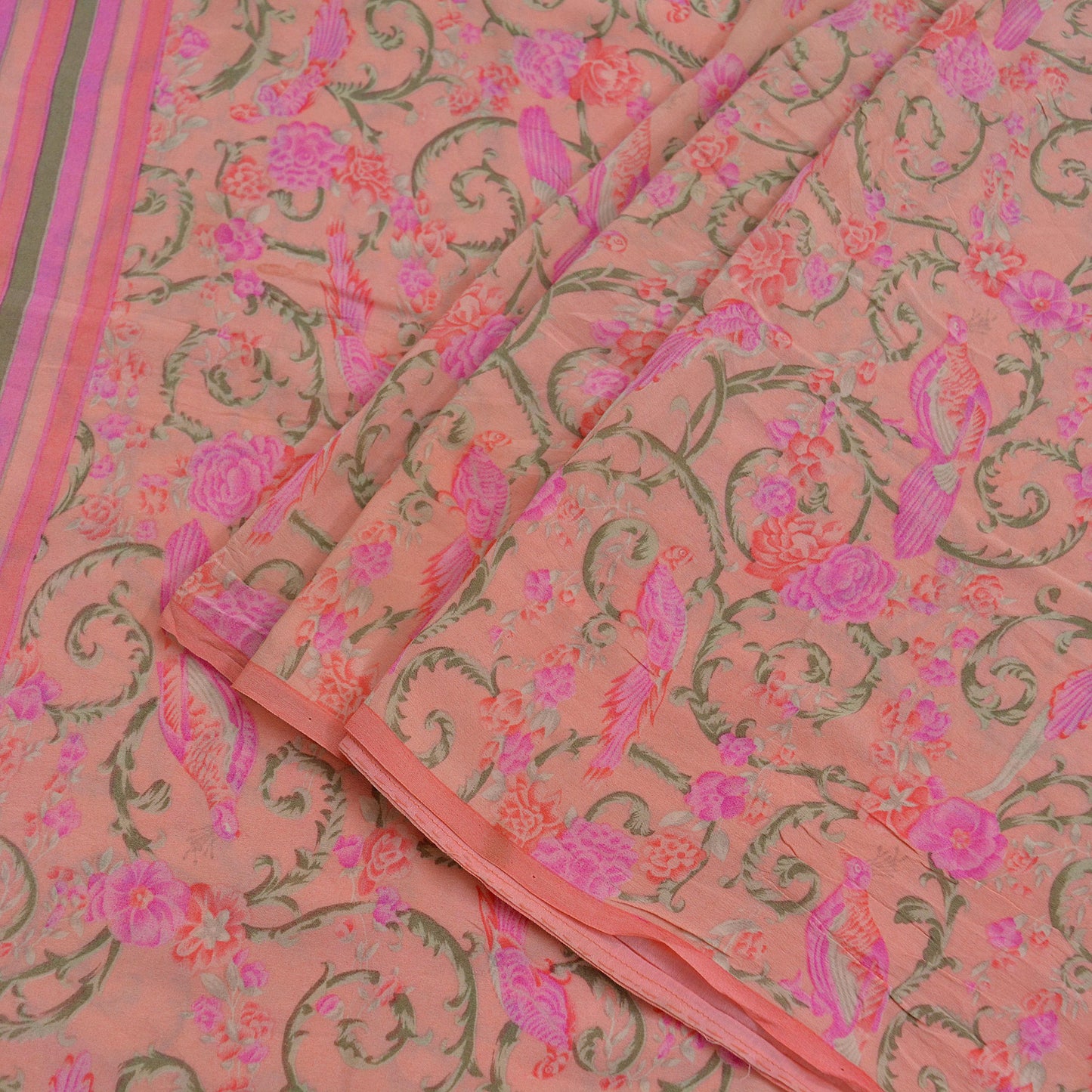 Indian Vintage Sari Peach Pure Crepe Silk Printed Sarees 6yd Craft Fabric Sewing Soft Wrap Peacock Upcycle Quilting Dress Making Crafting