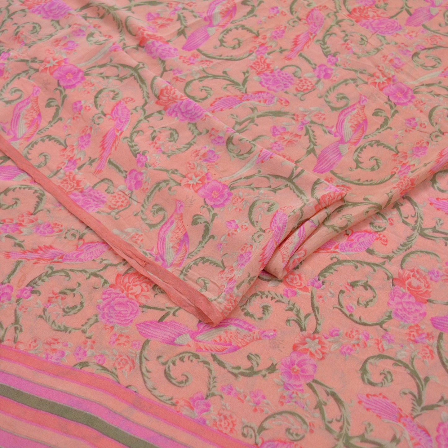 Indian Vintage Sari Peach Pure Crepe Silk Printed Sarees 6yd Craft Fabric Sewing Soft Wrap Peacock Upcycle Quilting Dress Making Crafting