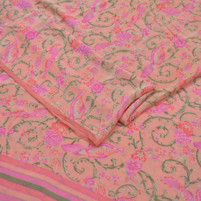 Indian Vintage Sari Peach Pure Crepe Silk Printed Sarees 6yd Craft Fabric Sewing Soft Wrap Peacock Upcycle Quilting Dress Making Crafting