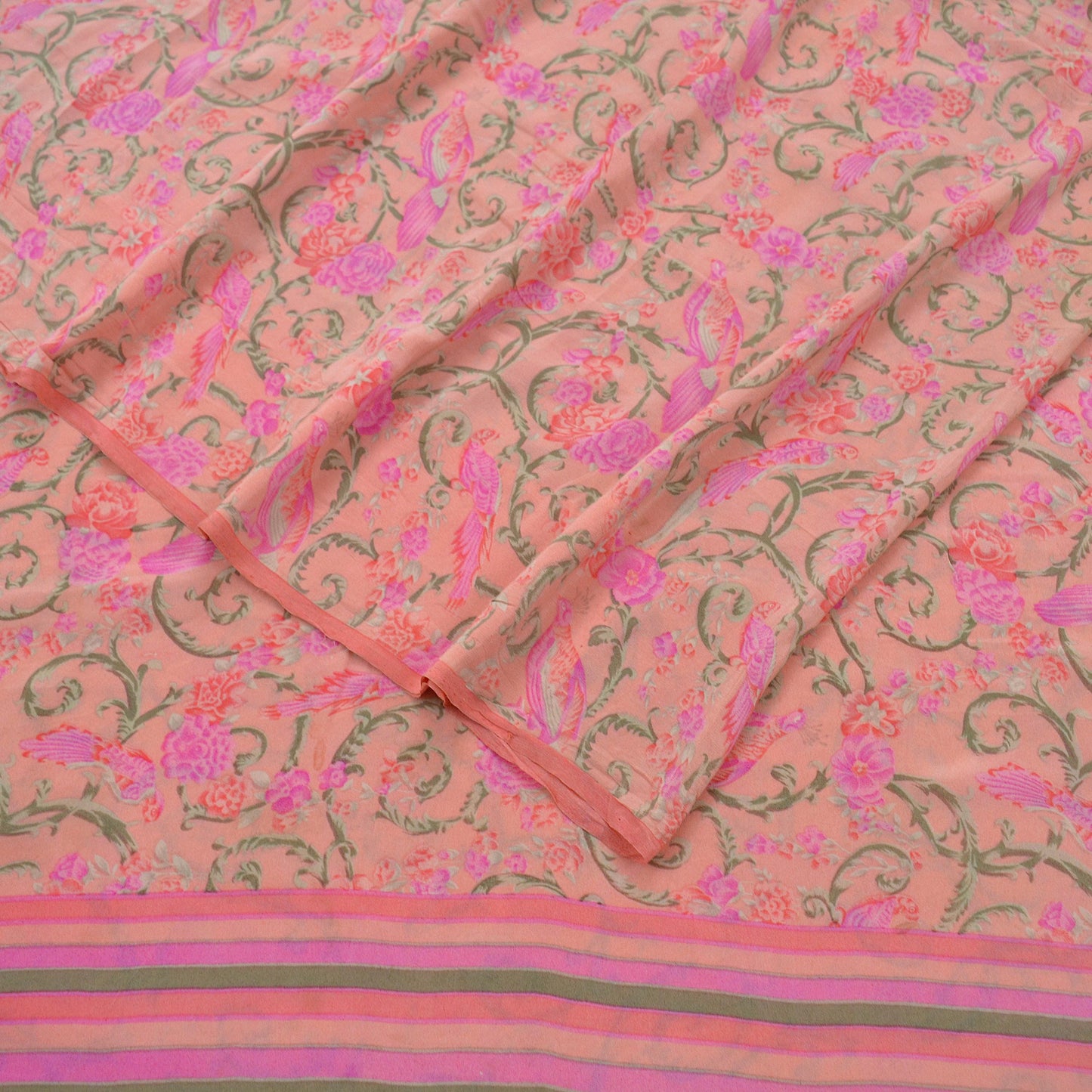 Indian Vintage Sari Peach Pure Crepe Silk Printed Sarees 6yd Craft Fabric Sewing Soft Wrap Peacock Upcycle Quilting Dress Making Crafting