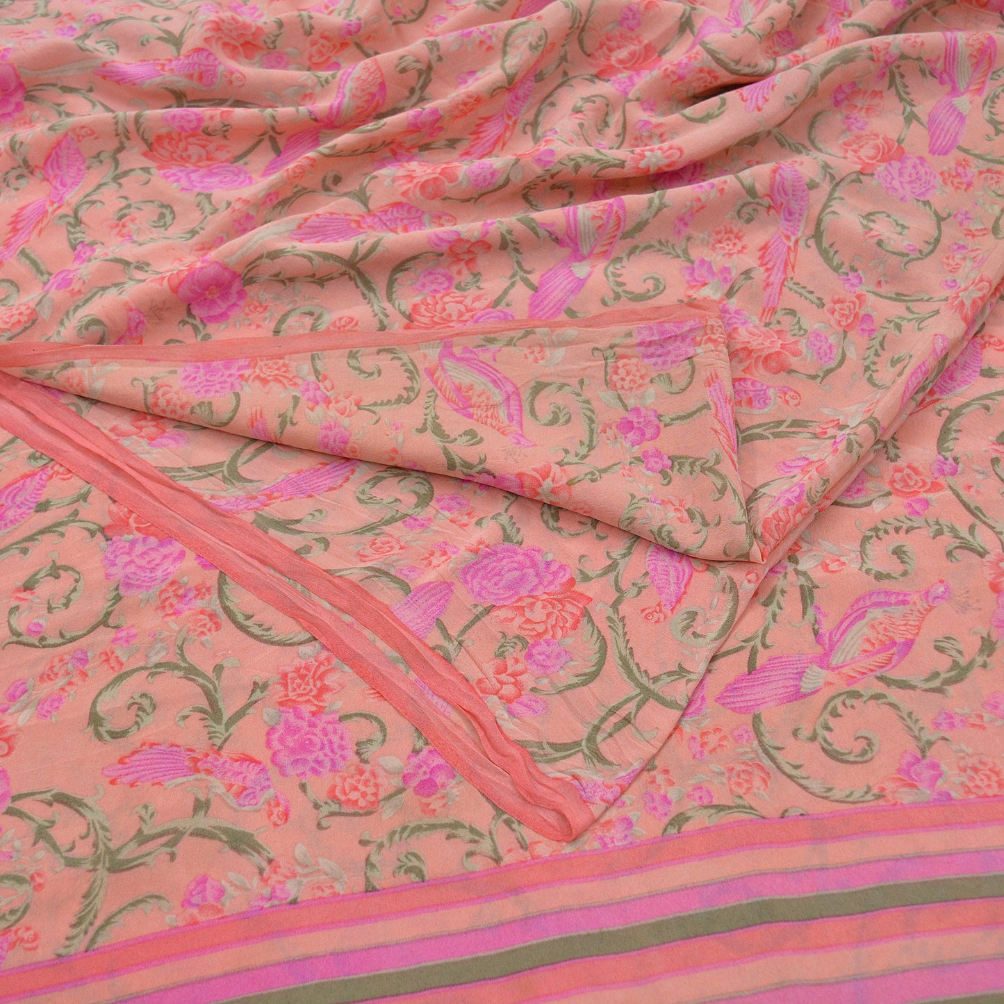 Indian Vintage Sari Peach Pure Crepe Silk Printed Sarees 6yd Craft Fabric Sewing Soft Wrap Peacock Upcycle Quilting Dress Making Crafting