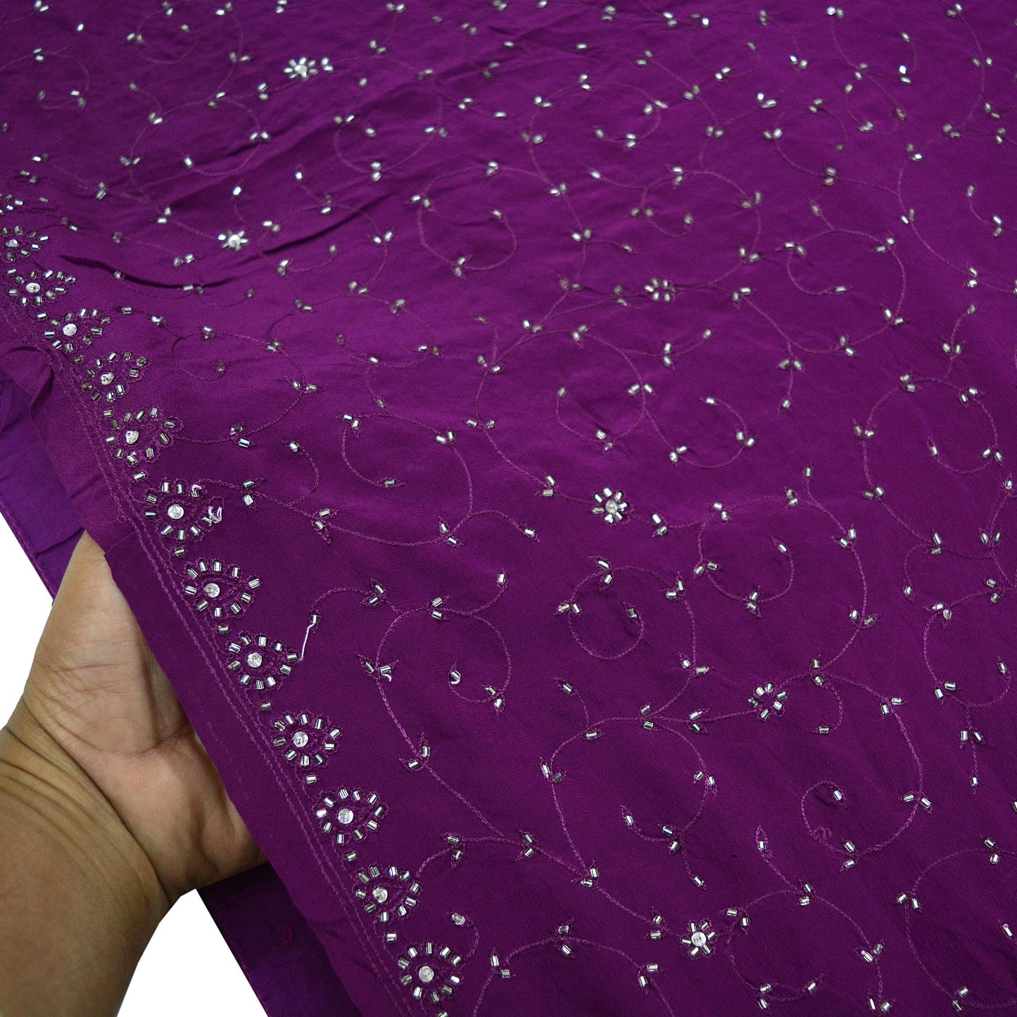 Indian Vintage Heavy Sari Purple Saree Pure Crepe Silk Hand Embroidered Sarees Craft Fabric 5yd Sewing Sequins Crafting Dress making Upcycle