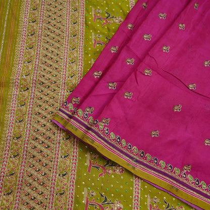 Indian Vintage Heavy Sari Pink & Green Pure Silk Hand Embroidered Sarees Fabric 5Yd Sewing Zardozi/Dabka Sequins Wedding Sarees Crafting