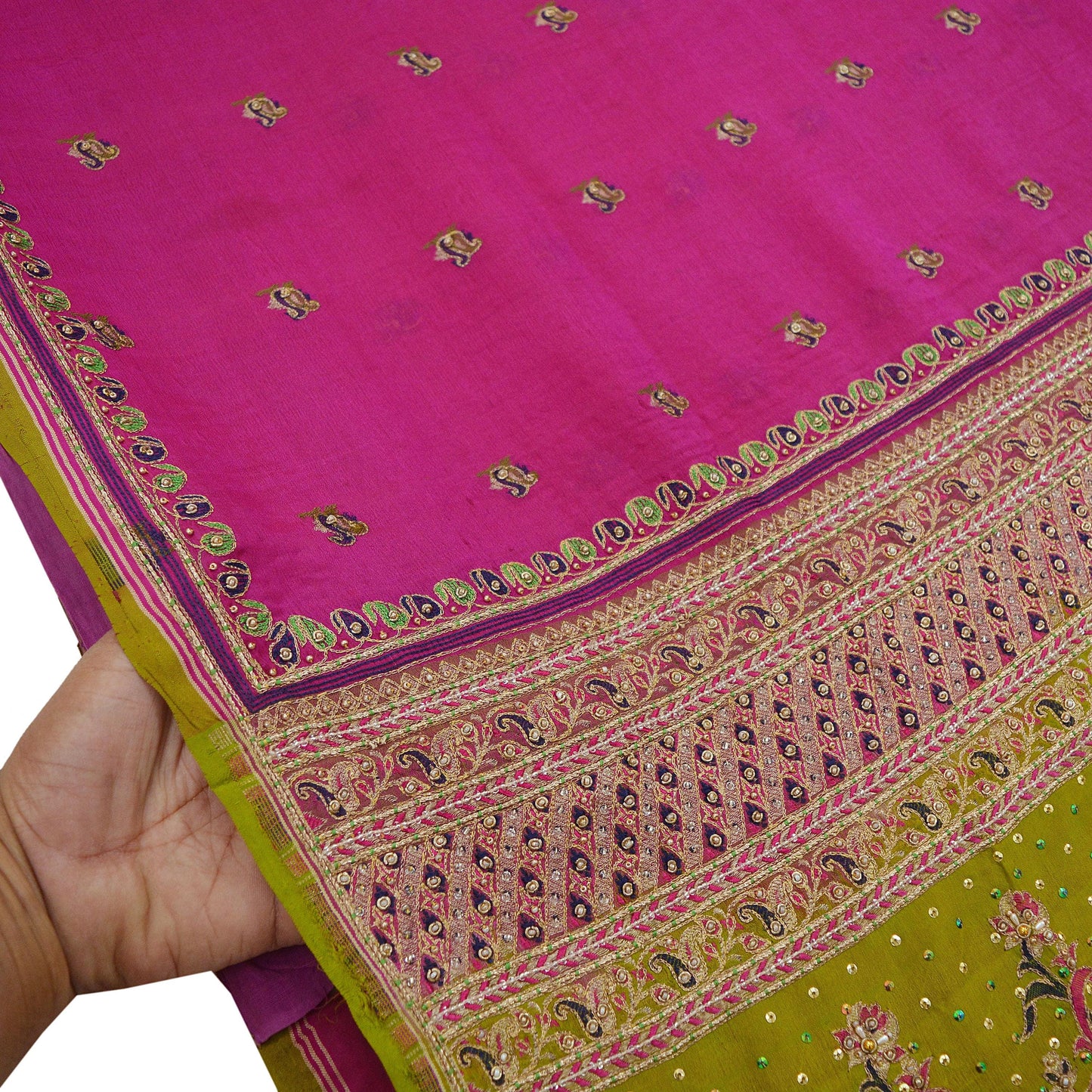 Indian Vintage Heavy Sari Pink & Green Pure Silk Hand Embroidered Sarees Fabric 5Yd Sewing Zardozi/Dabka Sequins Wedding Sarees Crafting