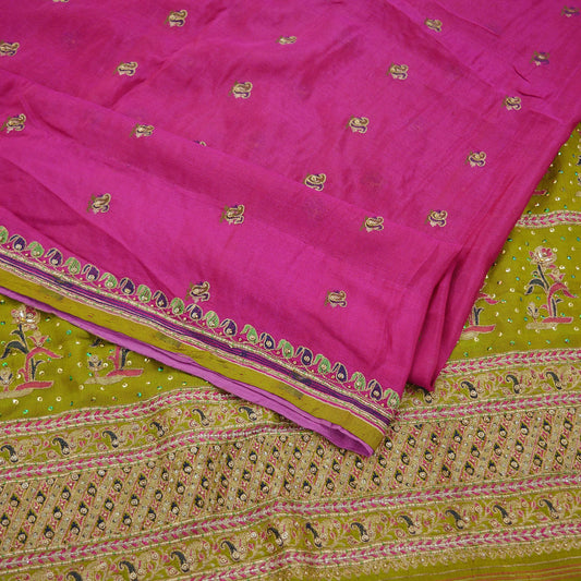 Indian Vintage Heavy Sari Pink & Green Pure Silk Hand Embroidered Sarees Fabric 5Yd Sewing Zardozi/Dabka Sequins Wedding Sarees Crafting