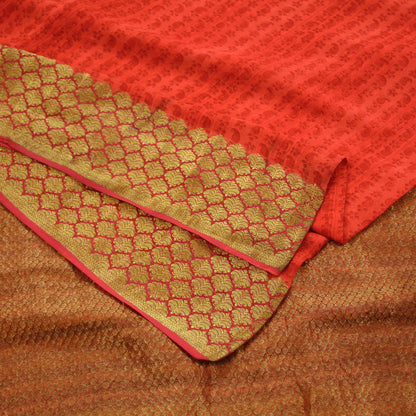 Indian Vintage Sari Red Hand Woven Printed Sari 100% Pure Silk Sarees Craft Fabric 5yd Soft Zari Sequins Dress making Quilting Used