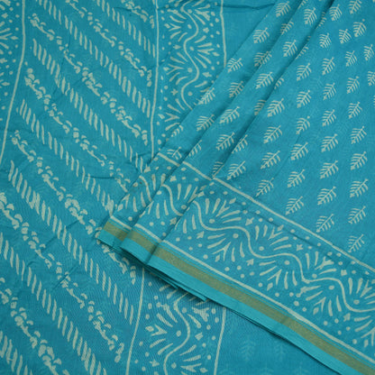 Indian Vintage Sari Blue Pure chanderi Silk Bagru Printed Saree 5Yd Fabric Floral Soft Zari Border Ethnic Upcycle Crafting Dress making