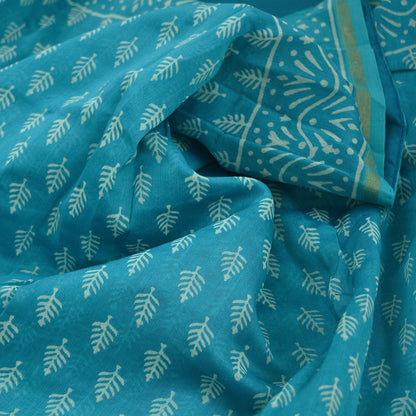 Indian Vintage Sari Blue Pure chanderi Silk Bagru Printed Saree 5Yd Fabric Floral Soft Zari Border Ethnic Upcycle Crafting Dress making