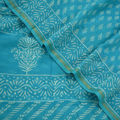 Indian Vintage Sari Blue Pure chanderi Silk Bagru Printed Saree 5Yd Fabric Floral Soft Zari Border Ethnic Upcycle Crafting Dress making