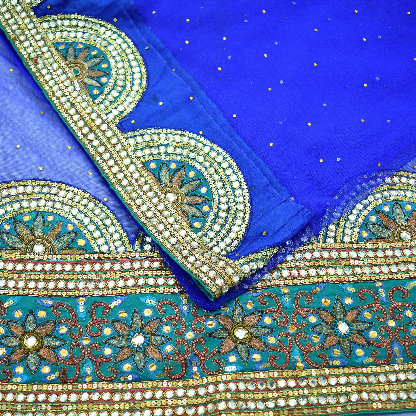 Indian Vintage Heavy Royal Blue Saree Net/Mesh Hand Beaded Sari Fabric 6Yd Sewing Soft Ethnic Zardozi/ Dabka Wedding Bollywood Sarees