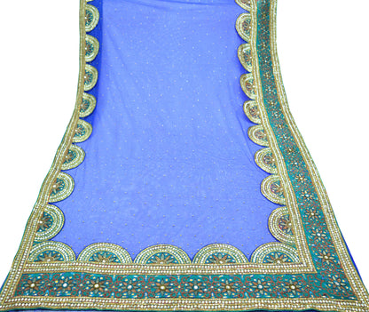 Indian Vintage Heavy Royal Blue Saree Net/Mesh Hand Beaded Sari Fabric 6Yd Sewing Soft Ethnic Zardozi/ Dabka Wedding Bollywood Sarees