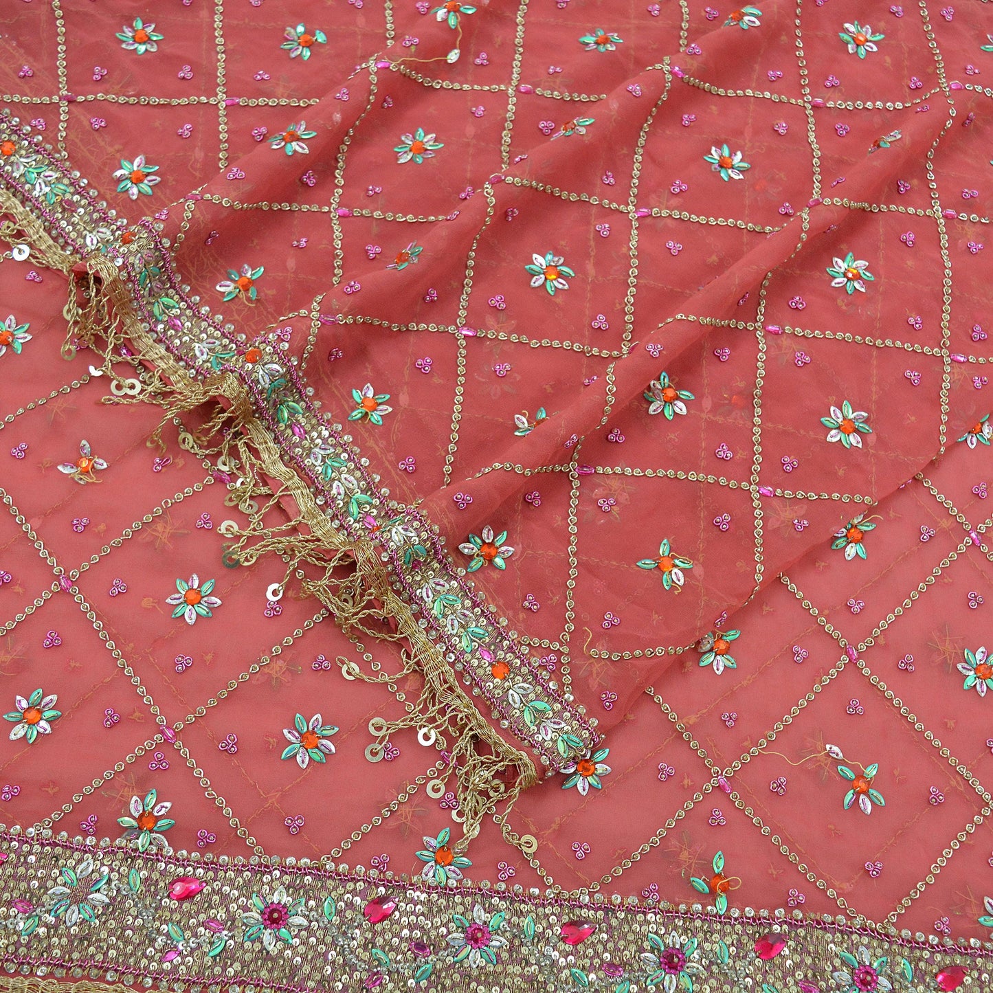 Indian Vintage Heavy Bridal Pink Dupatta Pure Georgette Silk Long Stole Hand Embroidered Scarf Zardozi/Dabka Wedding red Hijab veil Boho