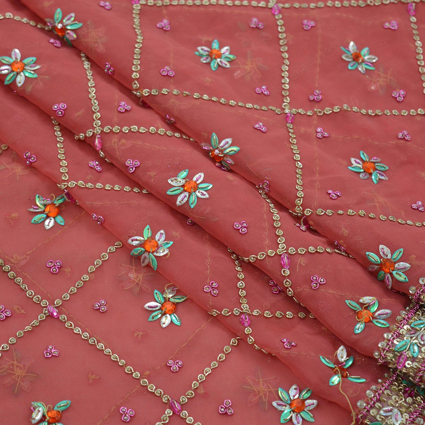 Indian Vintage Heavy Bridal Pink Dupatta Pure Georgette Silk Long Stole Hand Embroidered Scarf Zardozi/Dabka Wedding red Hijab veil Boho