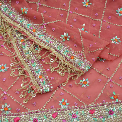 Indian Vintage Heavy Bridal Pink Dupatta Pure Georgette Silk Long Stole Hand Embroidered Scarf Zardozi/Dabka Wedding red Hijab veil Boho