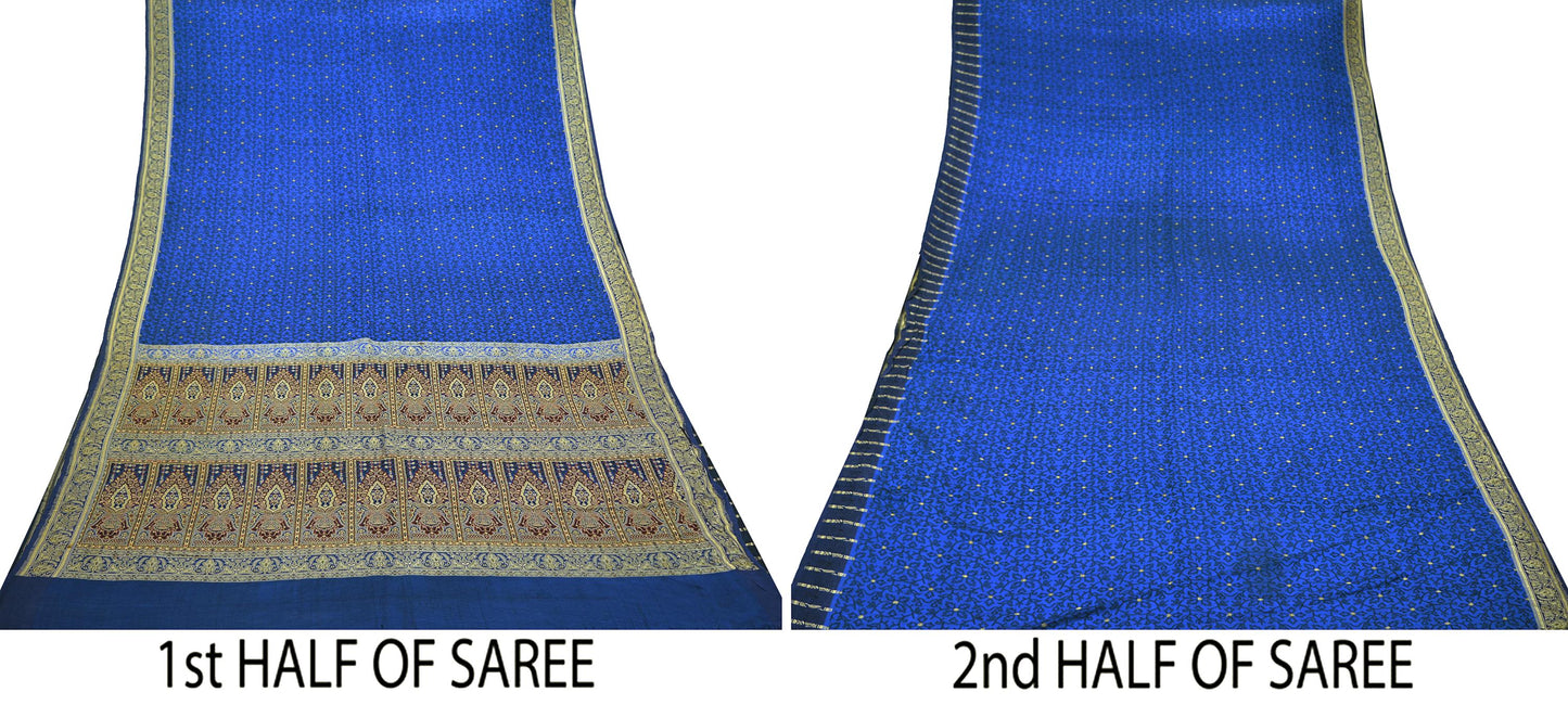 Indian Vintage Heavy Bridal Sari Pure Silk Blue Woven Brocade Sarees 5Yd Craft Fabric Floral Ethnic Zari Dress making Pre-owned Wedding sari